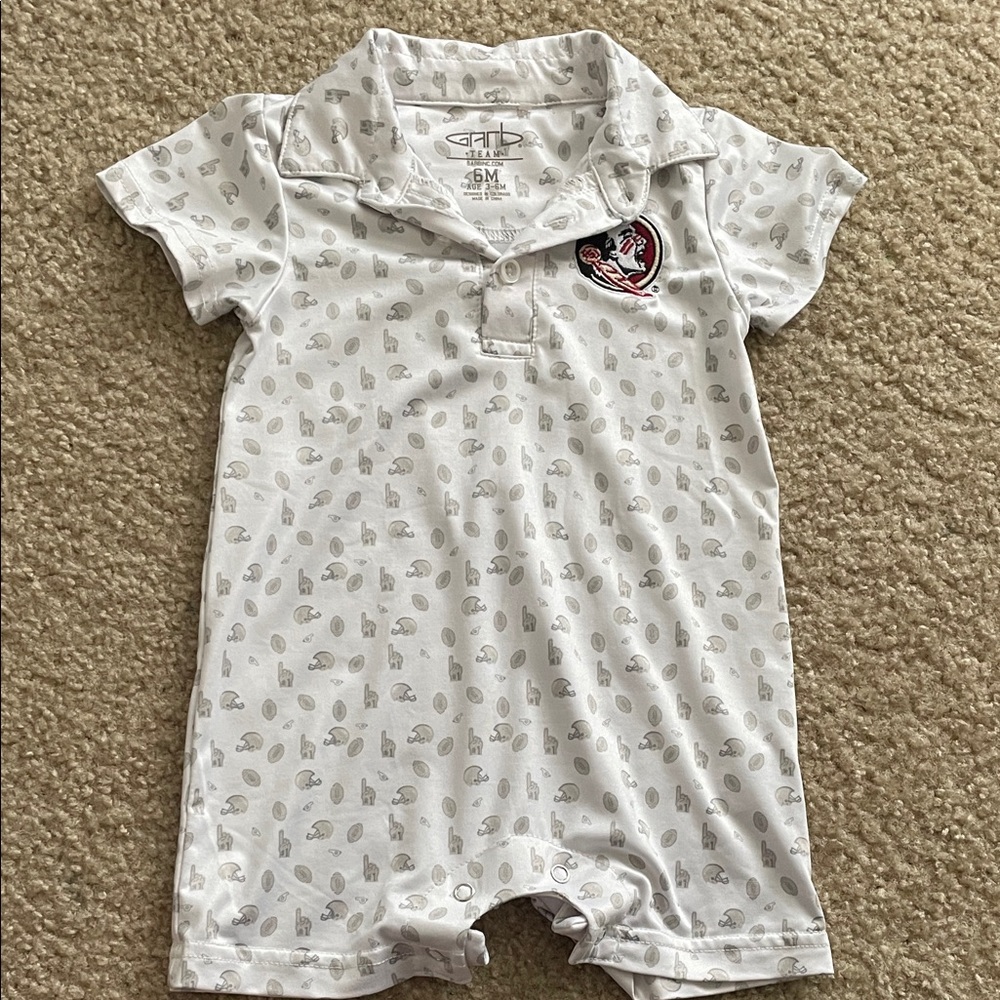 White Baby One-Piece Romper with Subtle Football Print - FSU